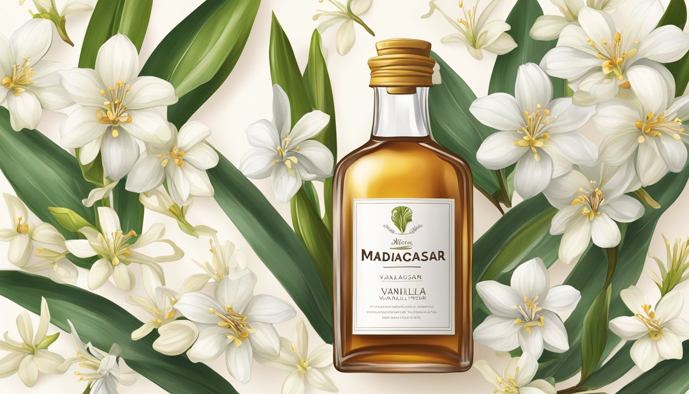 A glass bottle of Madagascar Vanilla extract surrounded by vanilla beans and flowers