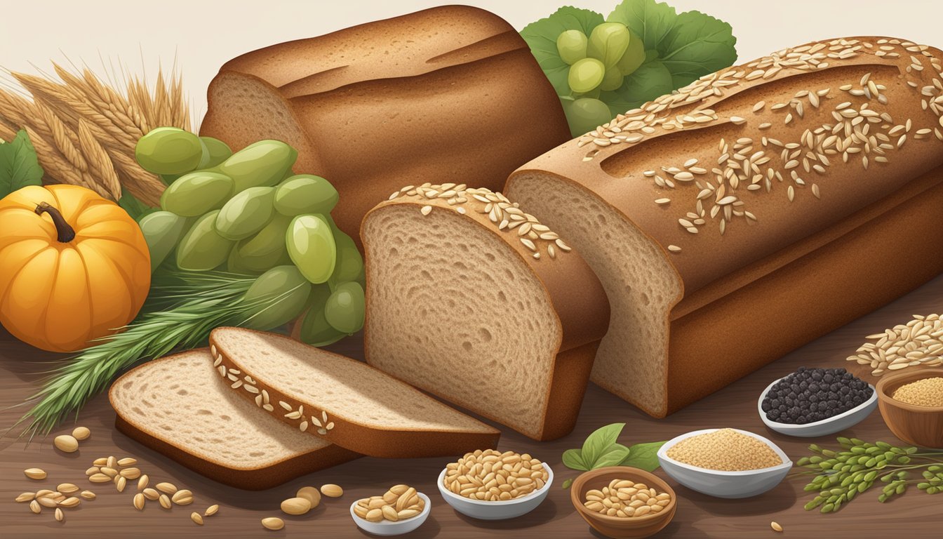 A loaf of Rudis Organic Bakery whole wheat bread surrounded by fresh, wholesome ingredients like grains, seeds, and fruits