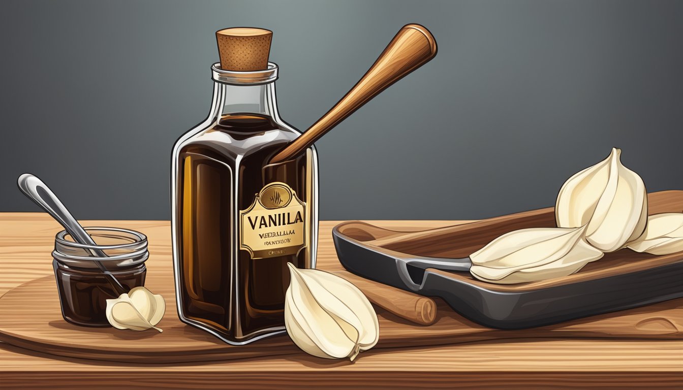 A clear glass bottle of vanilla extract surrounded by fresh vanilla beans and a measuring spoon on a wooden cutting board