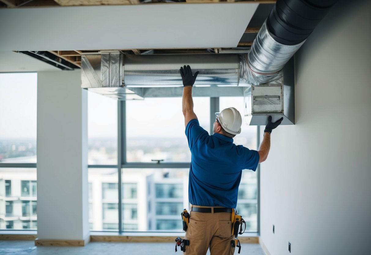 A technician installs HVAC ductwork in a newly constructed building, ensuring compliance with building codes and standards