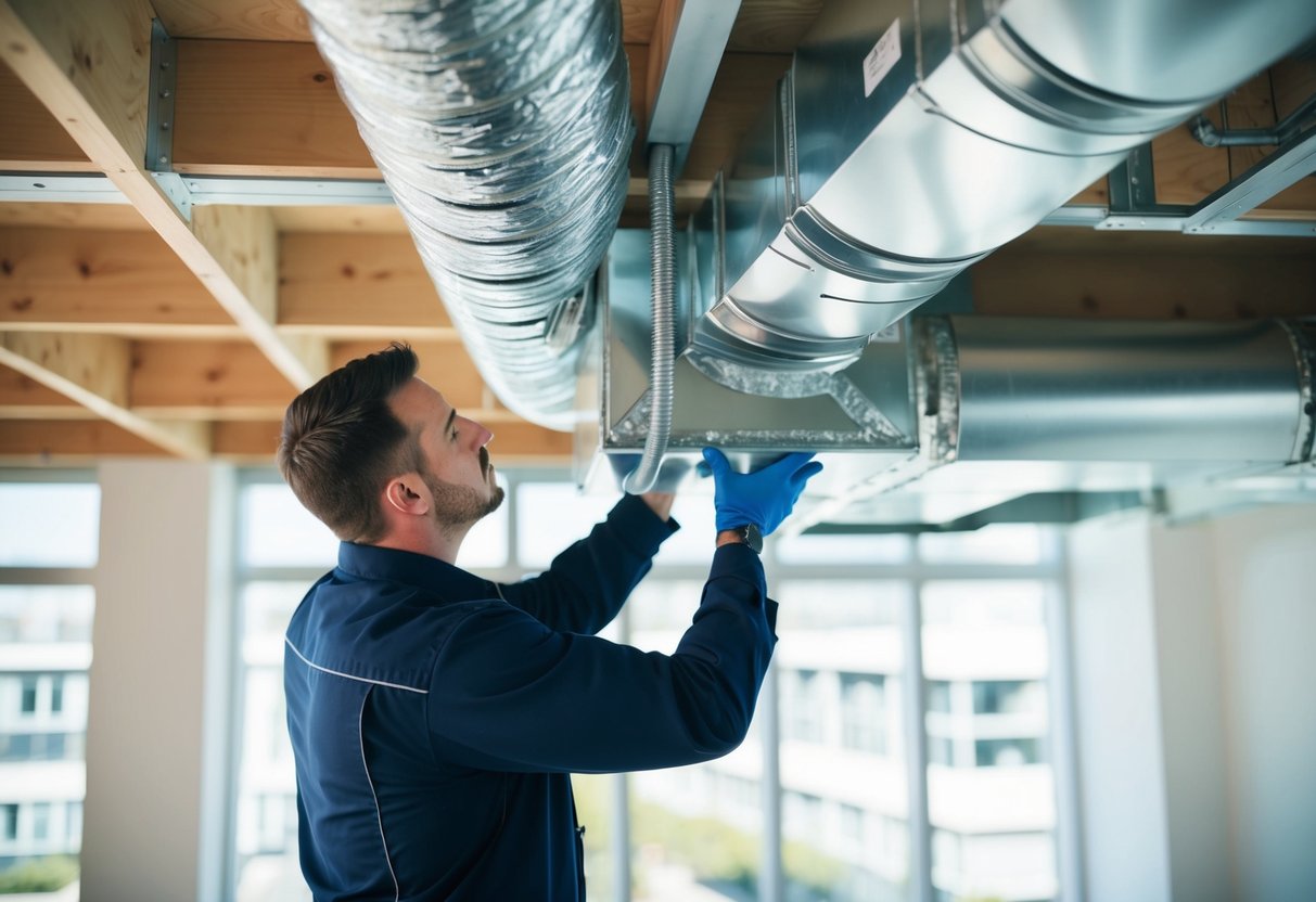 A technician installs energy-efficient ductwork in a building, ensuring compliance with building codes and standards