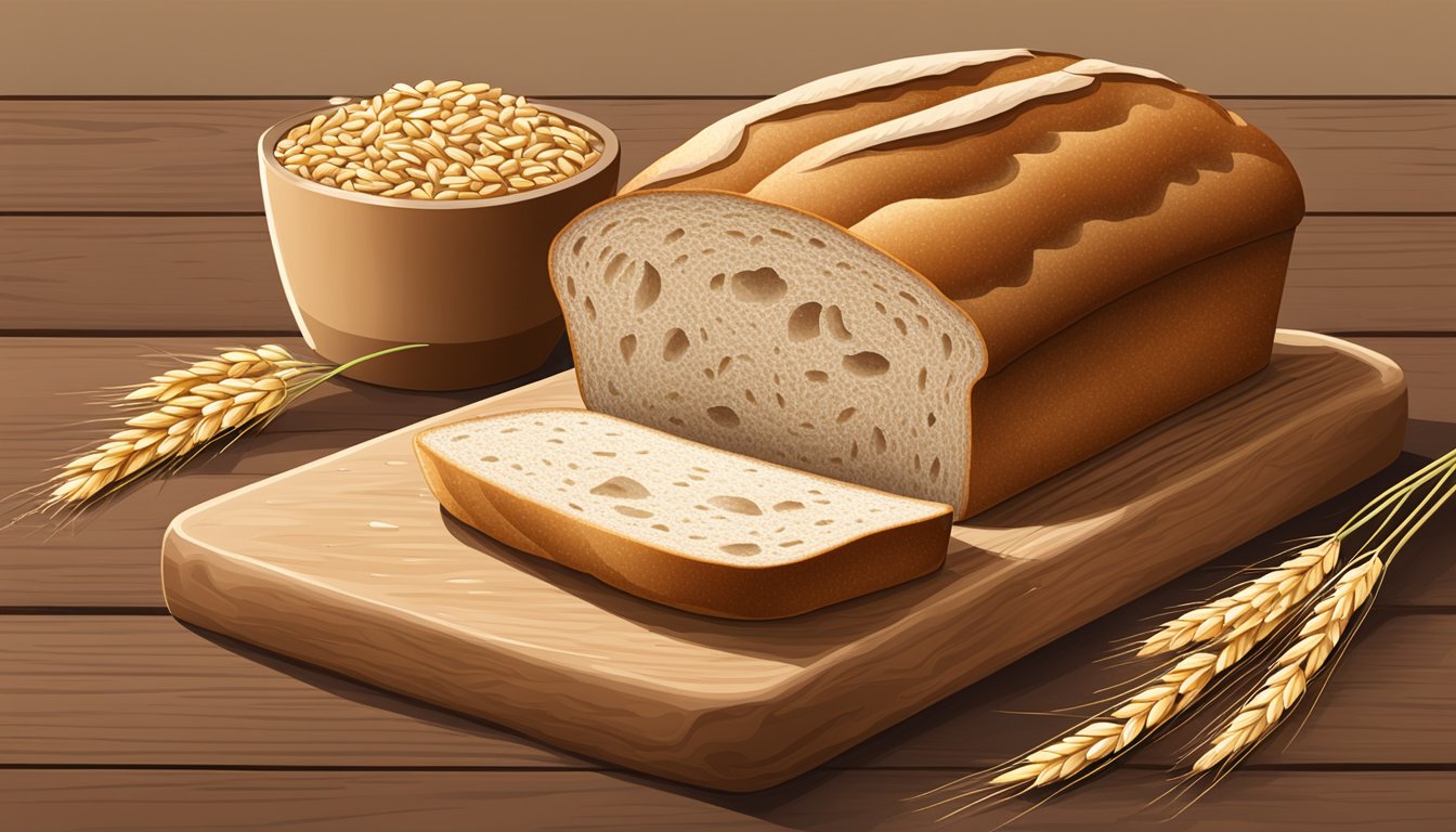 A loaf of Rudis Organic Bakery whole wheat bread sliced on a wooden cutting board with scattered wheat grains