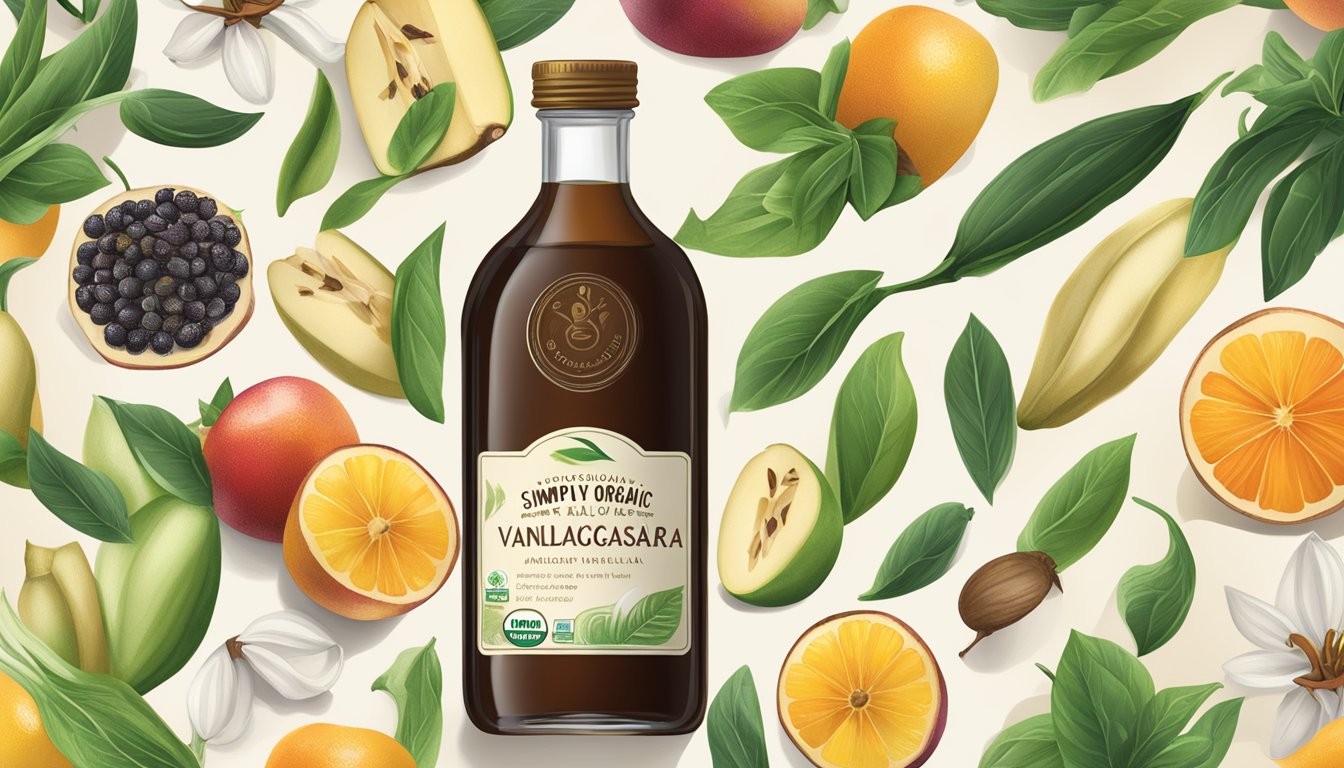 A bottle of Simply Organic Madagascar Pure Vanilla Extract surrounded by fresh vanilla beans and a variety of organic fruits and vegetables