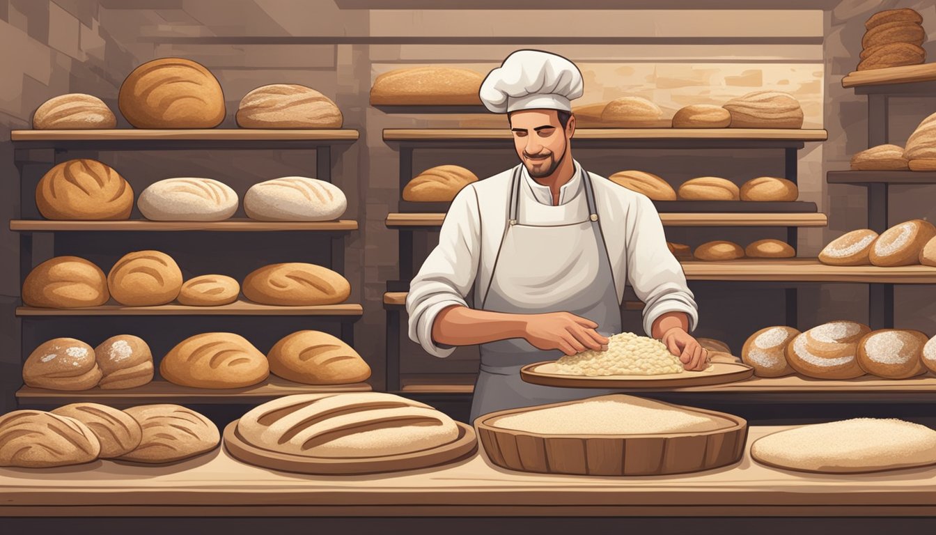 A rustic bakery with flour-dusted workstations and shelves filled with whole wheat loaves. A baker kneads dough in the background