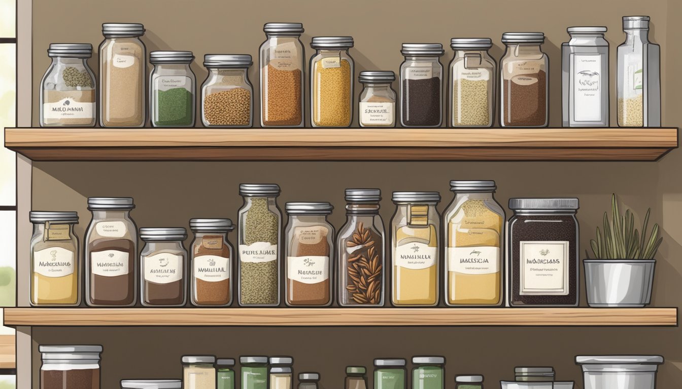 A clean, organized kitchen pantry with neatly arranged jars and bottles of spices and extracts, including a prominently placed bottle of Simply Organic Madagascar Pure Vanilla Extract