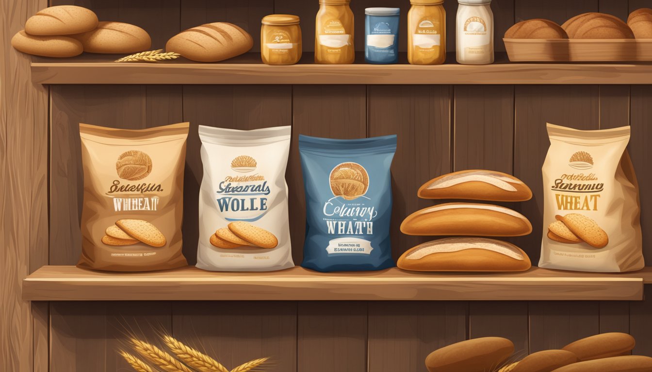 A rustic wooden shelf holds bags of whole wheat bread in a warm, inviting bakery setting