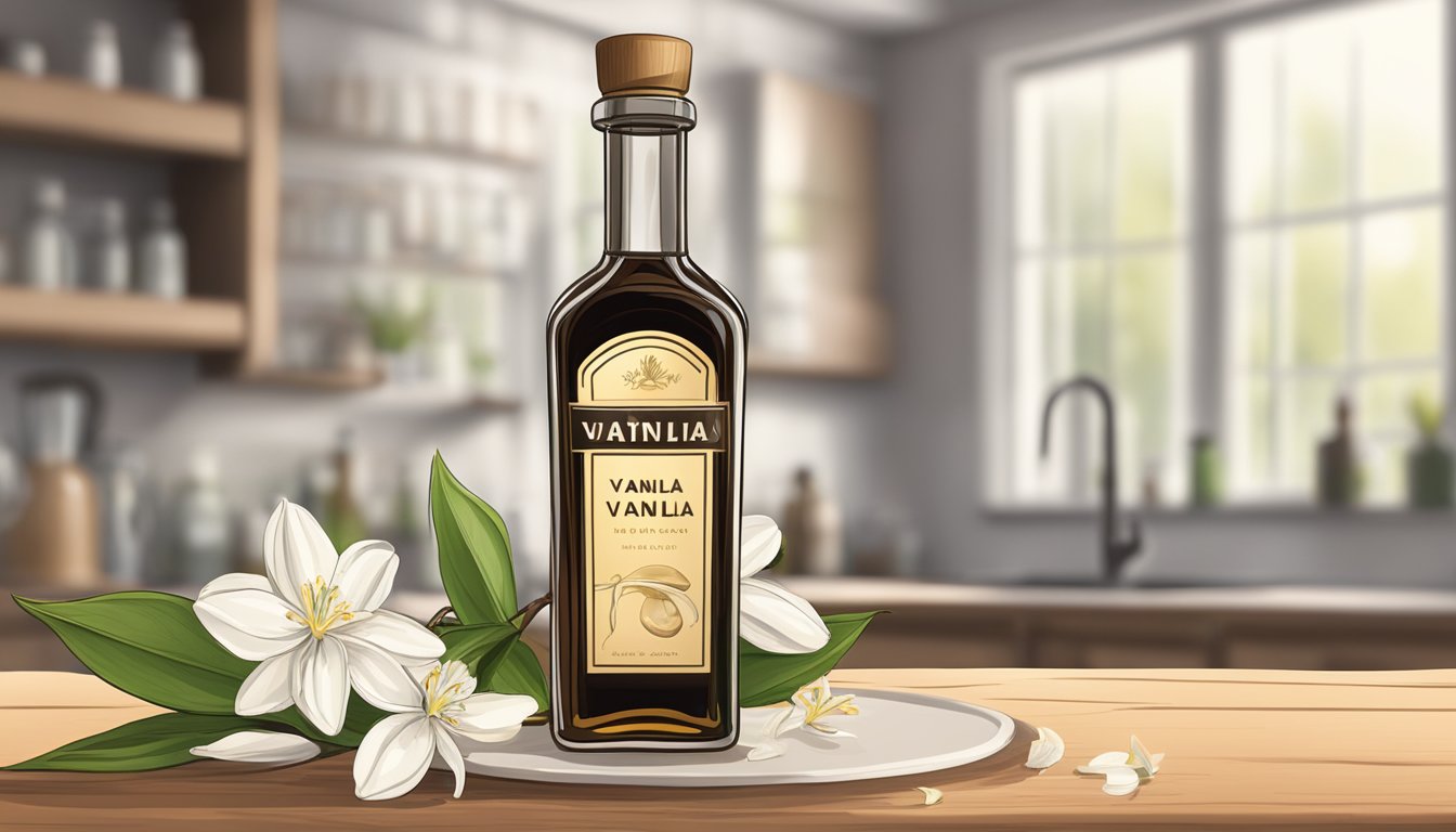 A clear glass bottle of vanilla extract sits on a wooden kitchen counter, with a vanilla bean and a sprig of vanilla flowers next to it