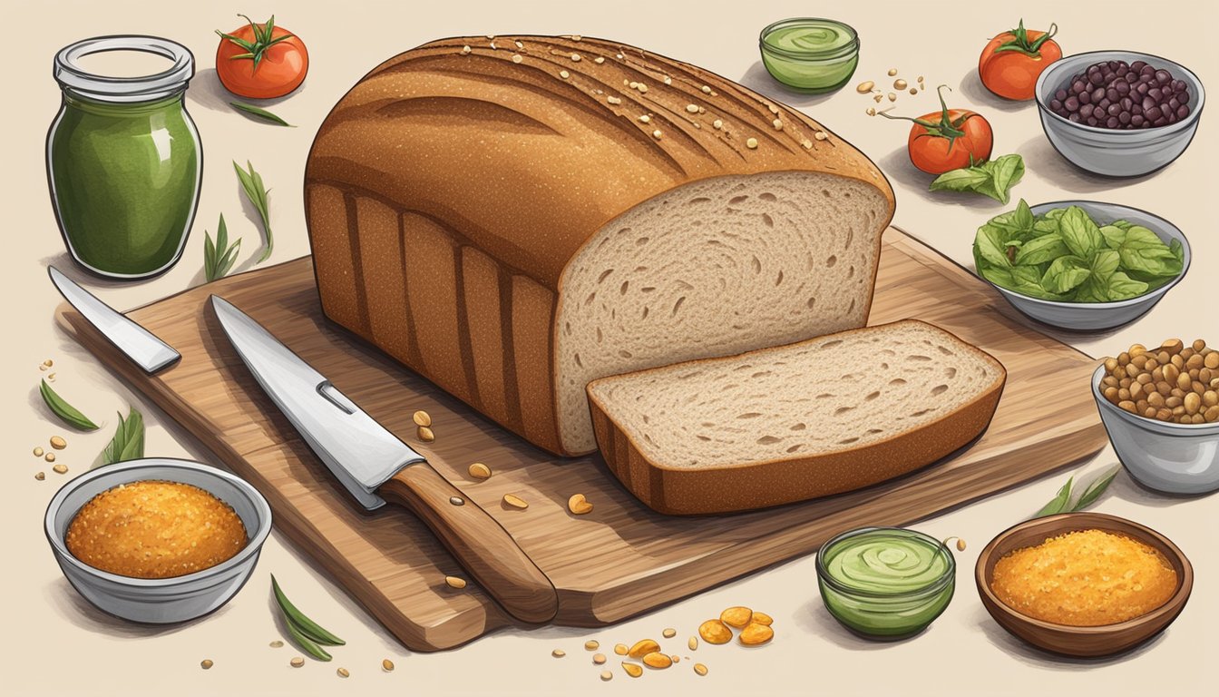 A loaf of Rudis organic whole wheat bread surrounded by various fresh ingredients and condiments, with a knife slicing a piece