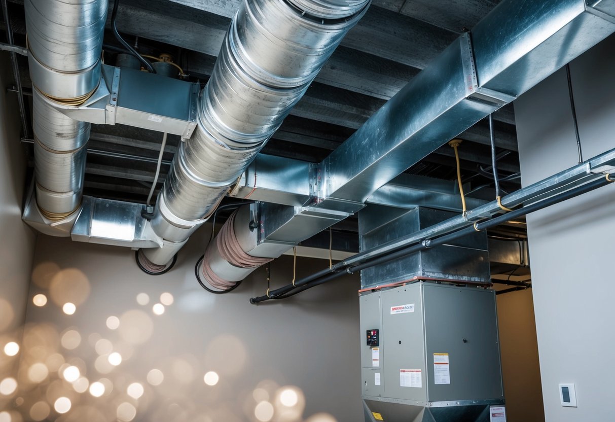 A network of ductwork spans a mechanical room, connecting to various HVAC components such as air handlers and vents