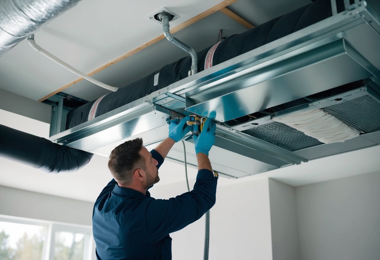 A technician installing ductwork in a HVAC system, using sealing materials and precise techniques for optimized performance