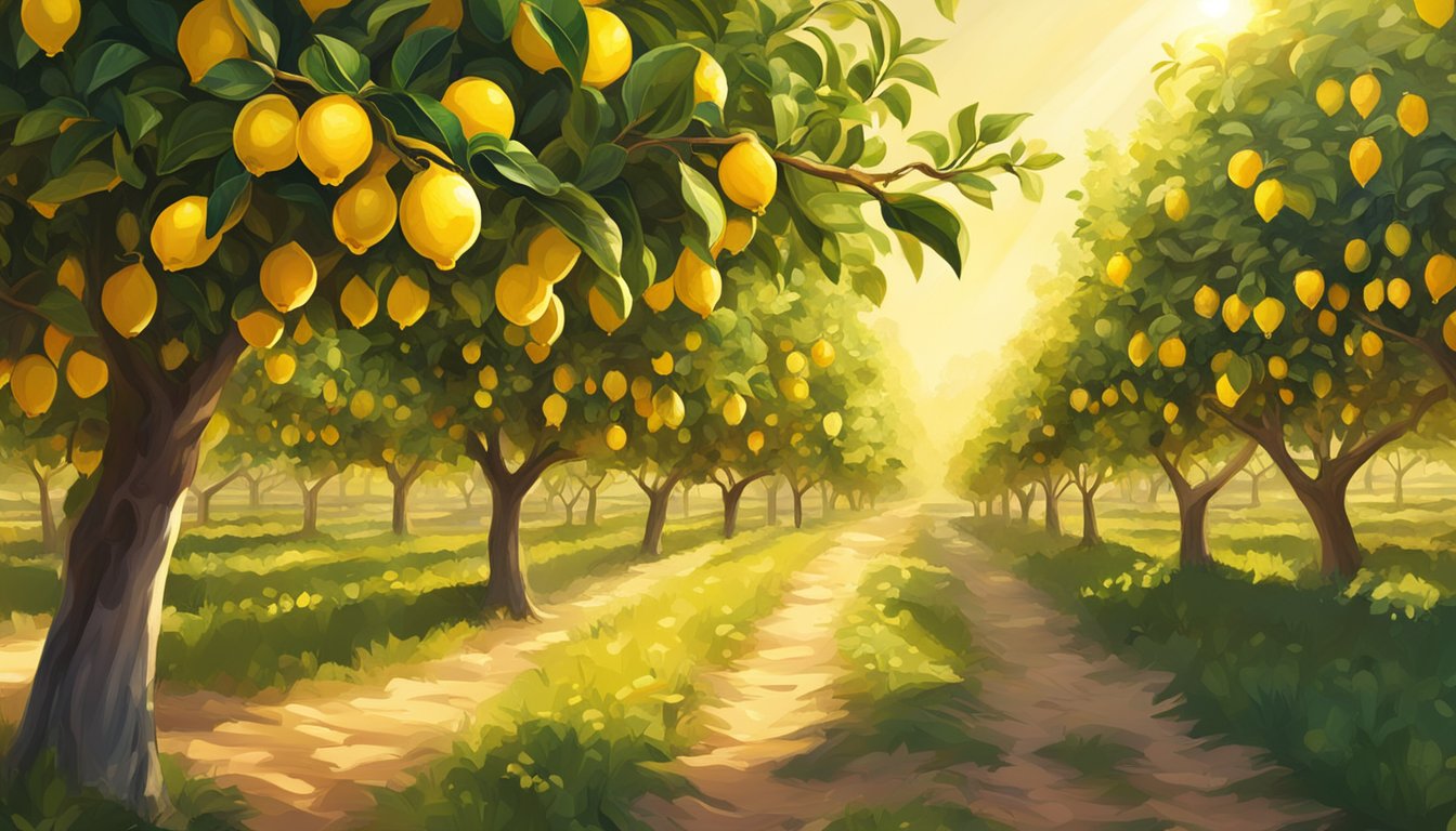 A vibrant lemon orchard with ripe fruit hanging from the branches, bathed in golden sunlight