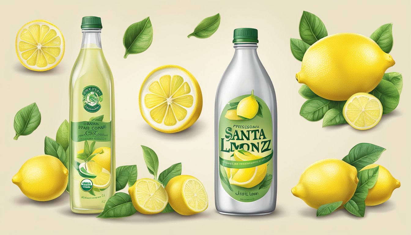 A bottle of Santa Cruz Organic Pure Lemon Juice surrounded by various quality and certification symbols