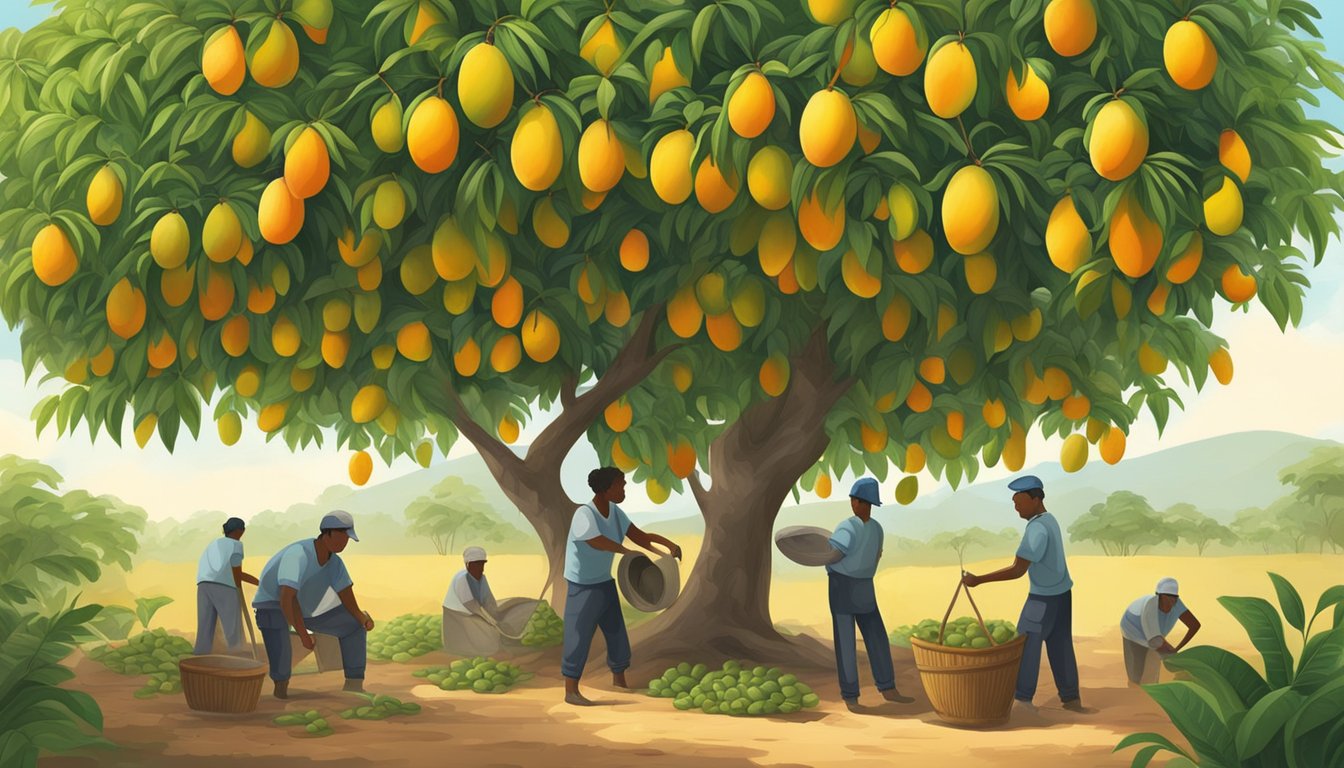 A lush mango tree with ripe fruit, surrounded by workers picking and drying the mangoes under the warm sun