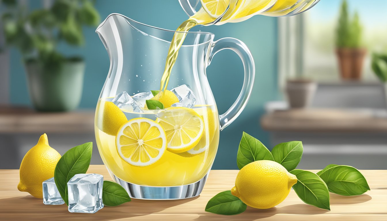 A glass pitcher pouring Santa Cruz Organic Pure Lemon Juice into a glass of water with ice