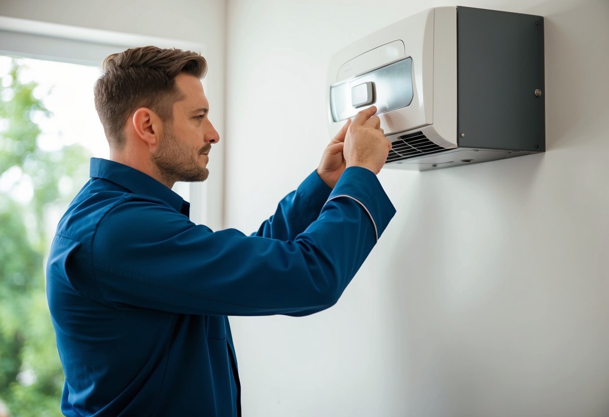 A technician adjusting a thermostat on a wall next to an HVAC system unit