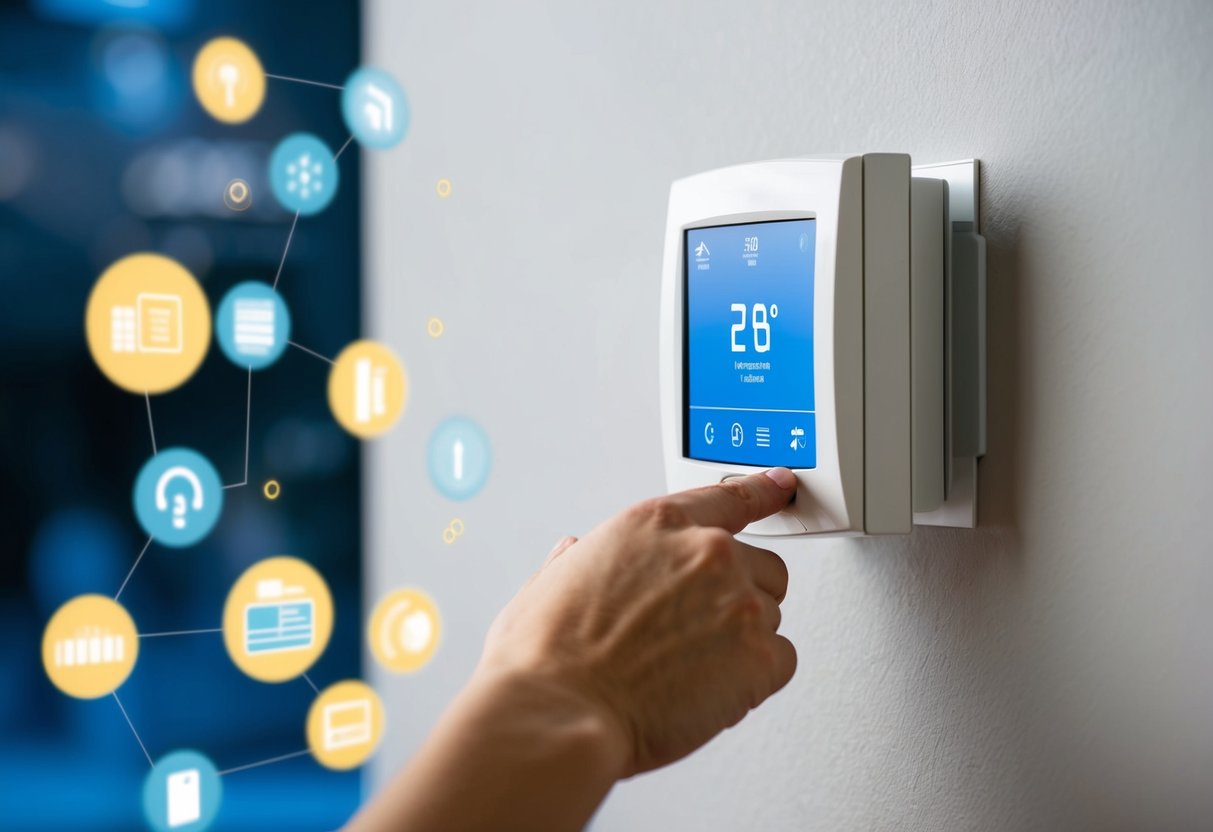 A hand adjusting a thermostat on a wall with various HVAC system icons on a digital screen interface