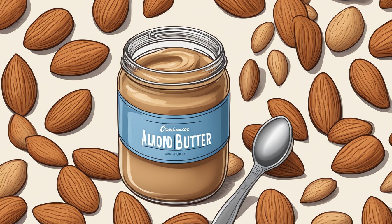 A jar of smooth, creamy almond butter surrounded by a variety of almonds and a measuring spoon