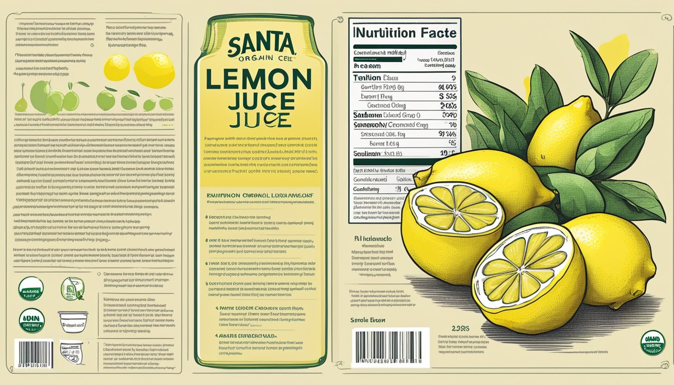 A bottle of Santa Cruz Organic Pure Lemon Juice surrounded by fresh lemons and a nutritional information label