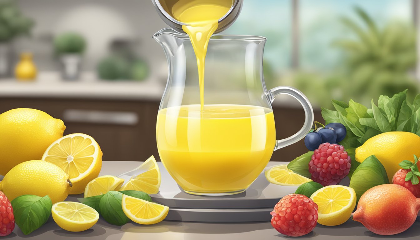 A glass pitcher pouring Santa Cruz Organic Pure Lemon Juice into a bowl of fresh fruits and a salad dressing