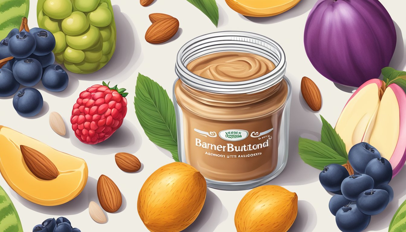 A jar of smooth, creamy Barney Butter almond butter surrounded by fresh almonds and a variety of colorful fruits