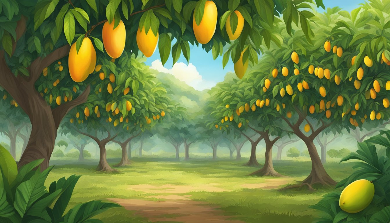 A lush mango orchard with ripe fruit hanging from the trees, surrounded by a diverse ecosystem of plants and wildlife