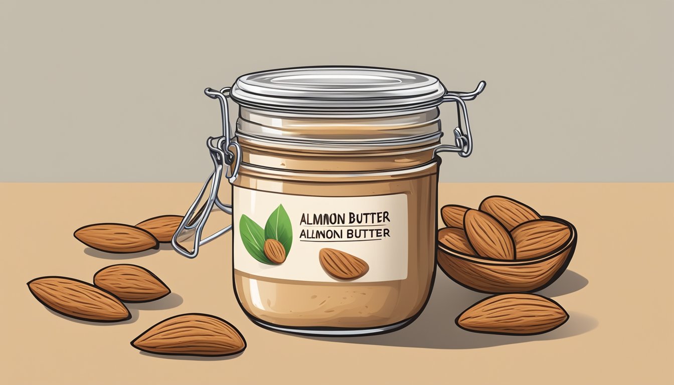 A jar of smooth, creamy almond butter surrounded by almonds and a list of potential allergens and dietary considerations