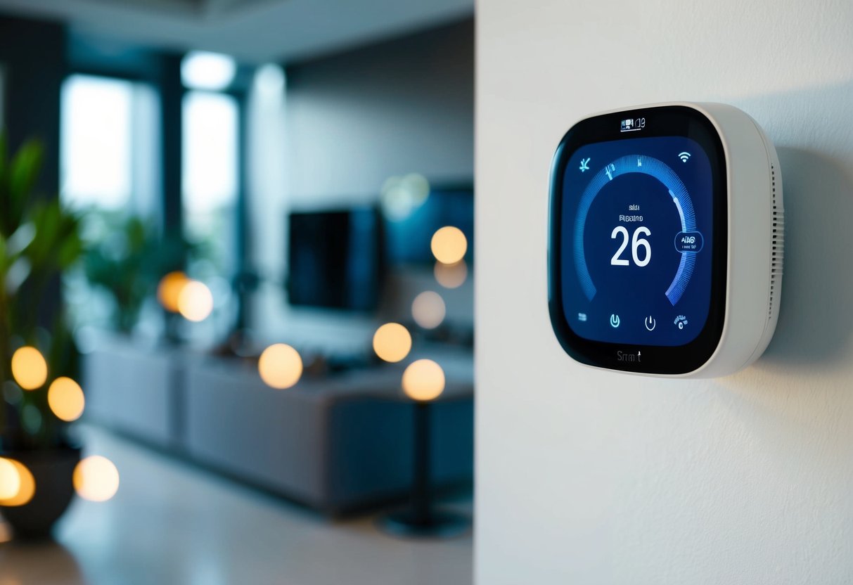 A smart thermostat mounted on the wall next to a modern HVAC system, with wireless connectivity and temperature control features