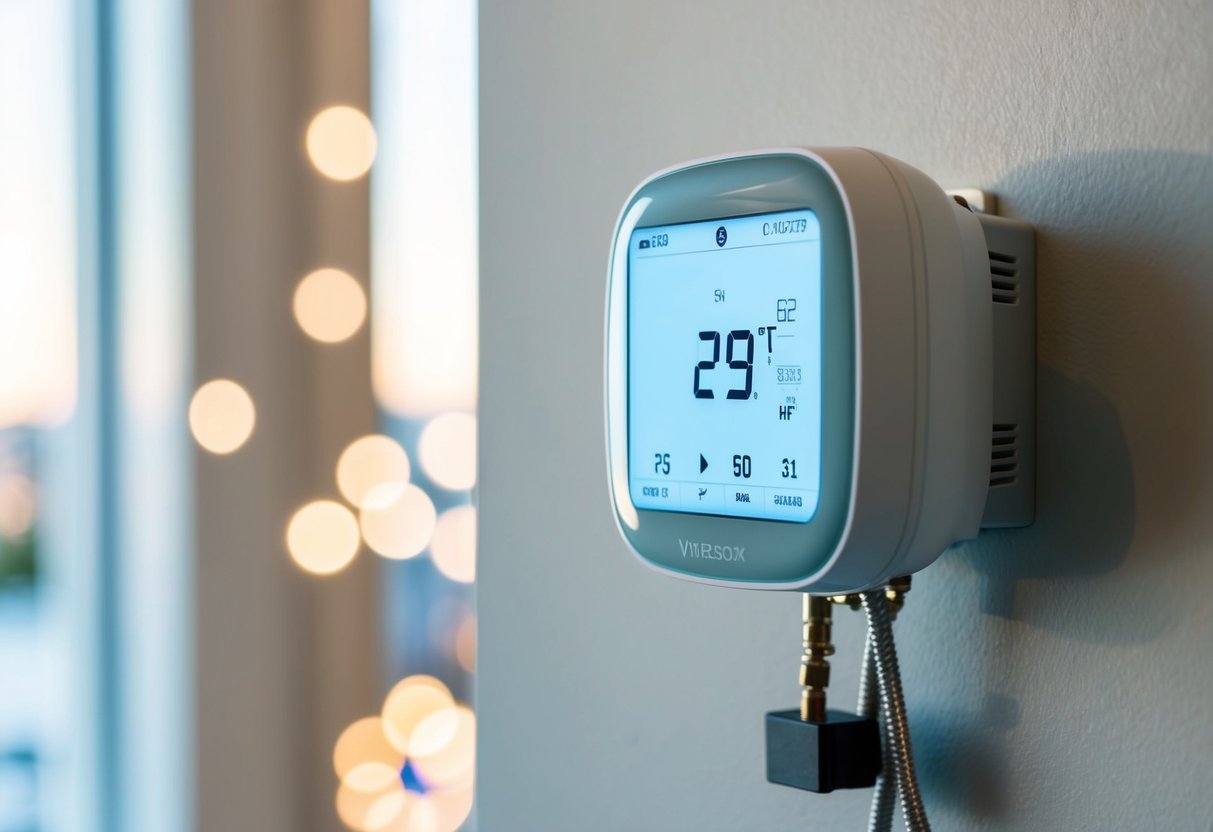 A smart thermostat mounted on a wall, connected to an HVAC system. The thermostat displays temperature and humidity levels, with options for programming and remote control