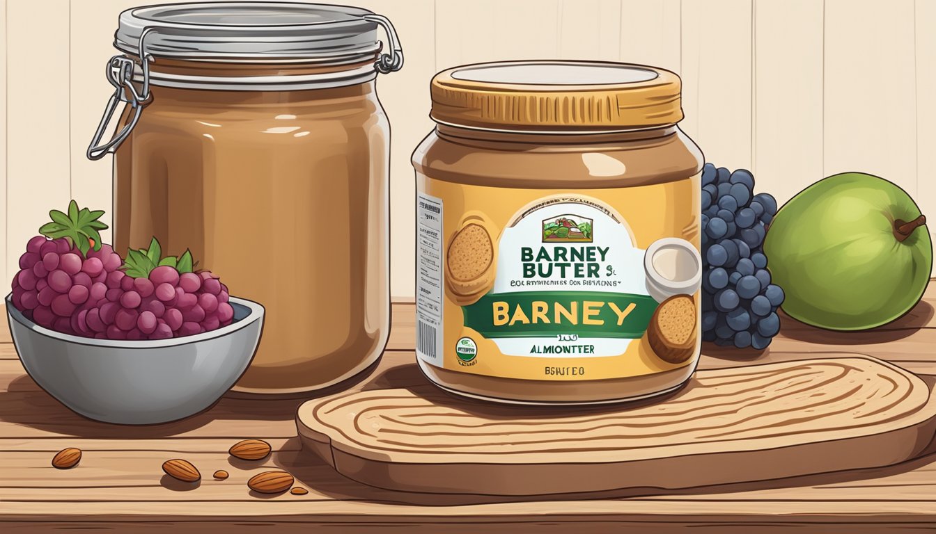 A jar of Barney Butter almond butter sits open on a wooden table, surrounded by a variety of fresh fruits and a loaf of bread