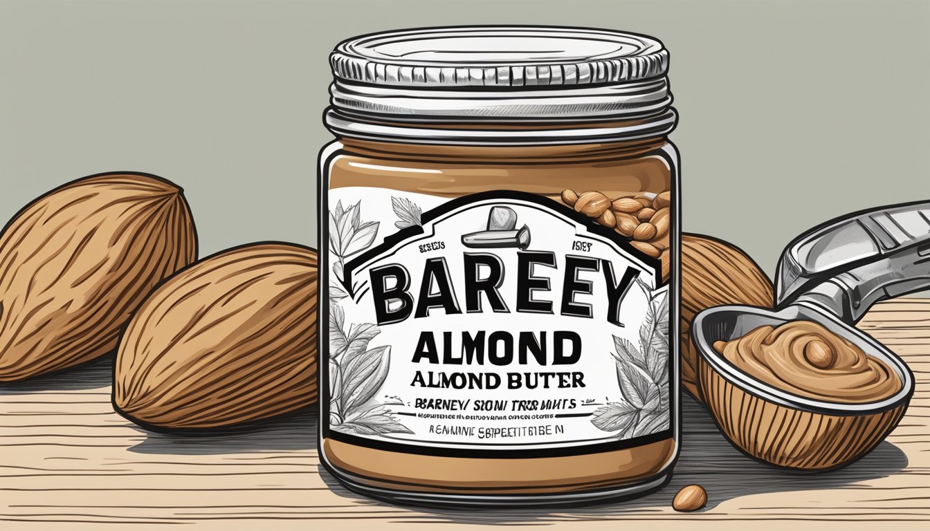 A jar of Barney Butter almond butter sits open, revealing its smooth, creamy texture. A knife rests beside it, ready to spread