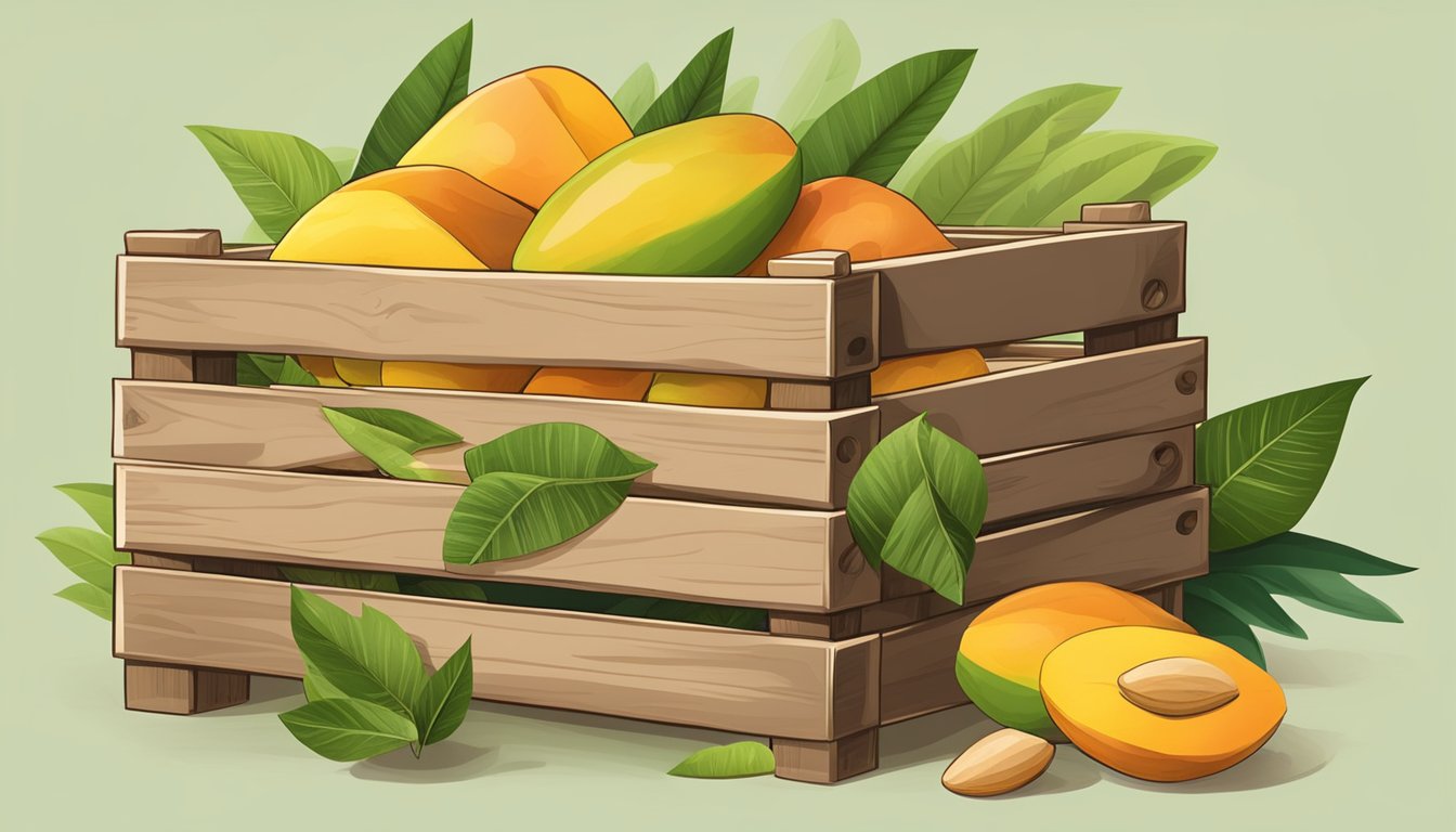 A rustic wooden crate filled with vibrant, sun-dried mango slices, surrounded by lush green foliage and ripe fruit