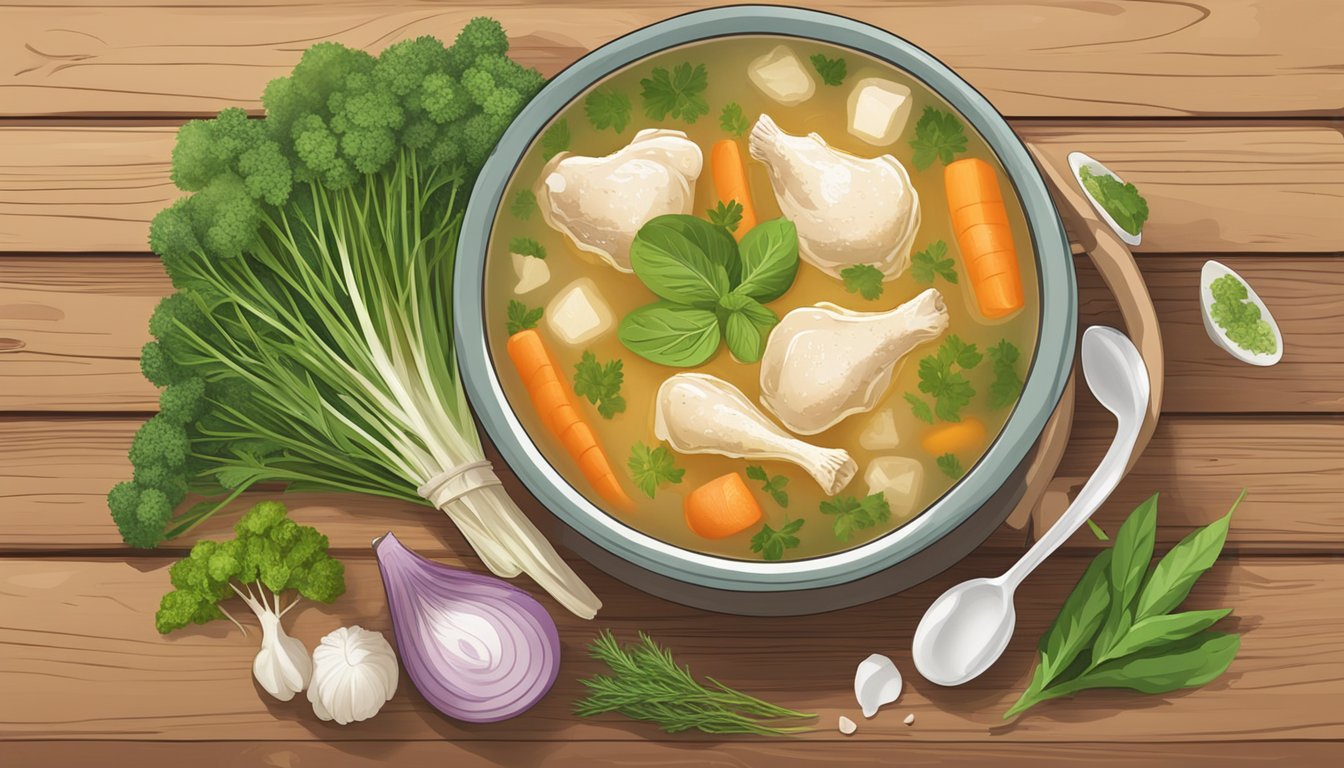 A steaming bowl of Pacific Foods organic chicken bone broth surrounded by fresh herbs and vegetables on a rustic wooden table