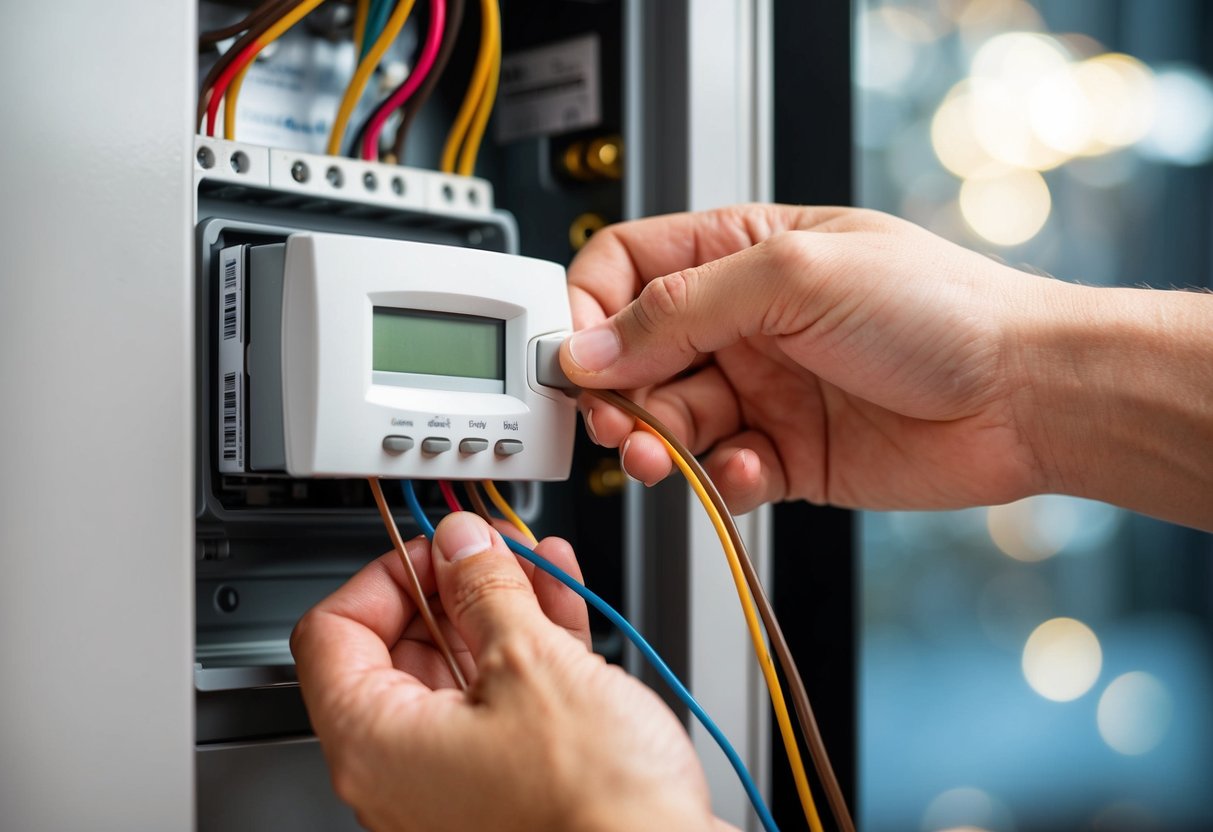 A hand adjusting wires on a thermostat panel next to an HVAC system