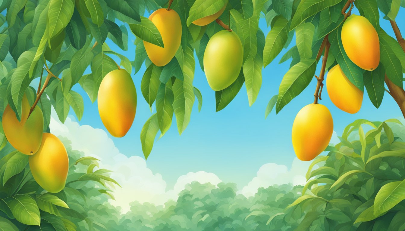 A vibrant display of ripe mangoes hanging from a tree, surrounded by lush green foliage and a clear blue sky overhead