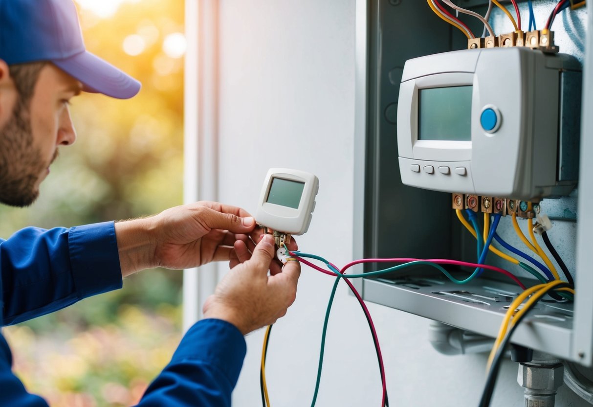 A technician carefully connects colorful wires to a thermostat and HVAC system, following a detailed wiring guide