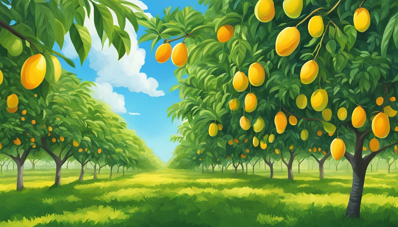 A lush mango orchard with ripe fruit hanging from the branches, surrounded by vibrant green foliage and clear blue skies