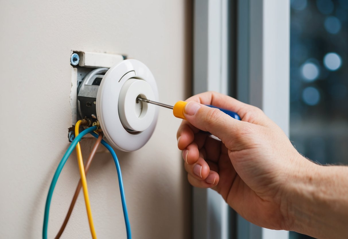 A hand holding a screwdriver, removing an old thermostat from the wall. Wires are exposed, ready for the new thermostat to be installed