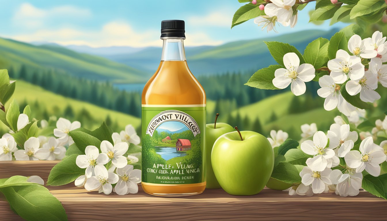 A bottle of Vermont Village organic apple cider vinegar sits on a wooden table surrounded by fresh apples and apple blossoms