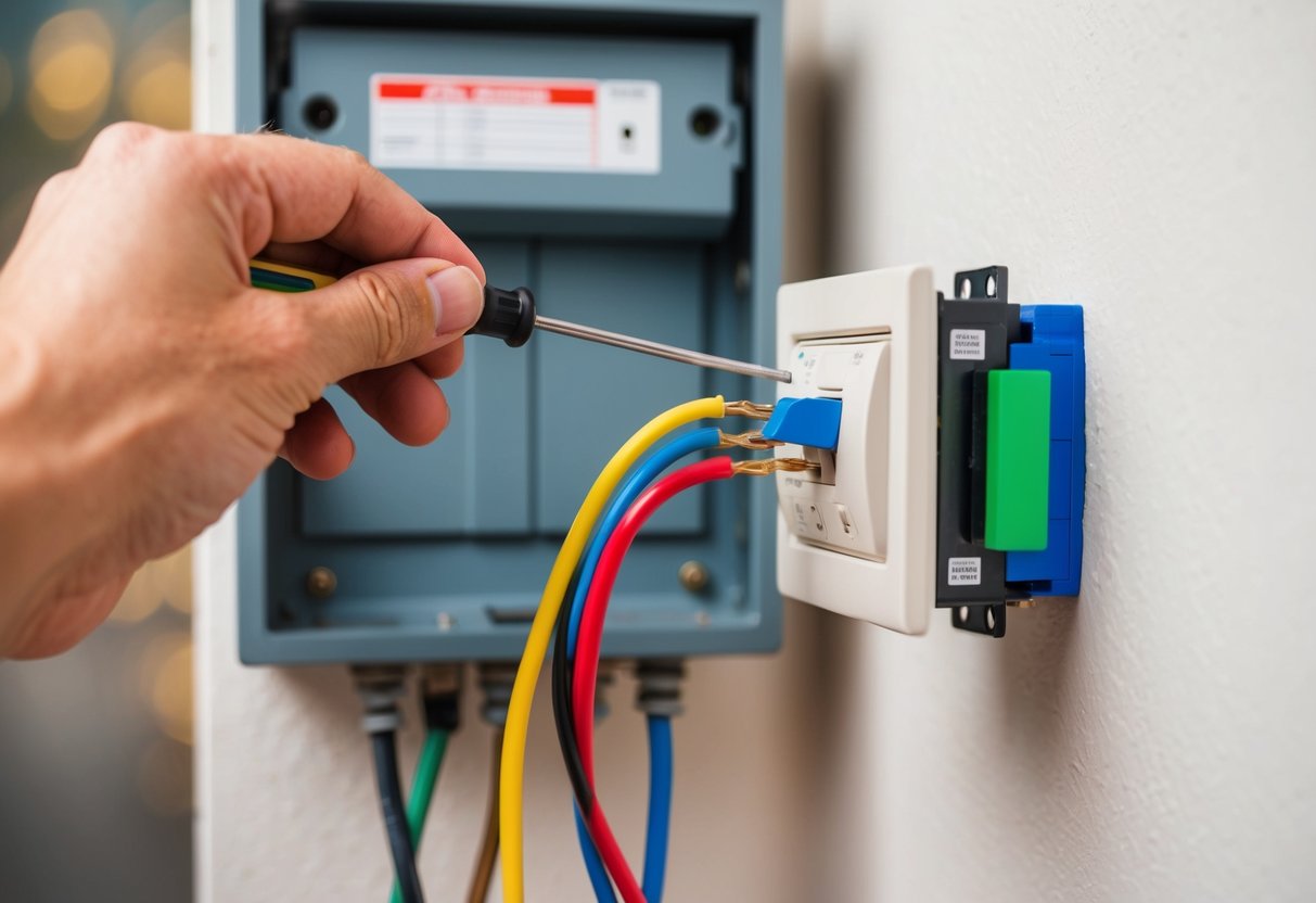 A hand holding a screwdriver connects colorful wires to a thermostat mounted on a white wall with a labeled circuit breaker box in the background