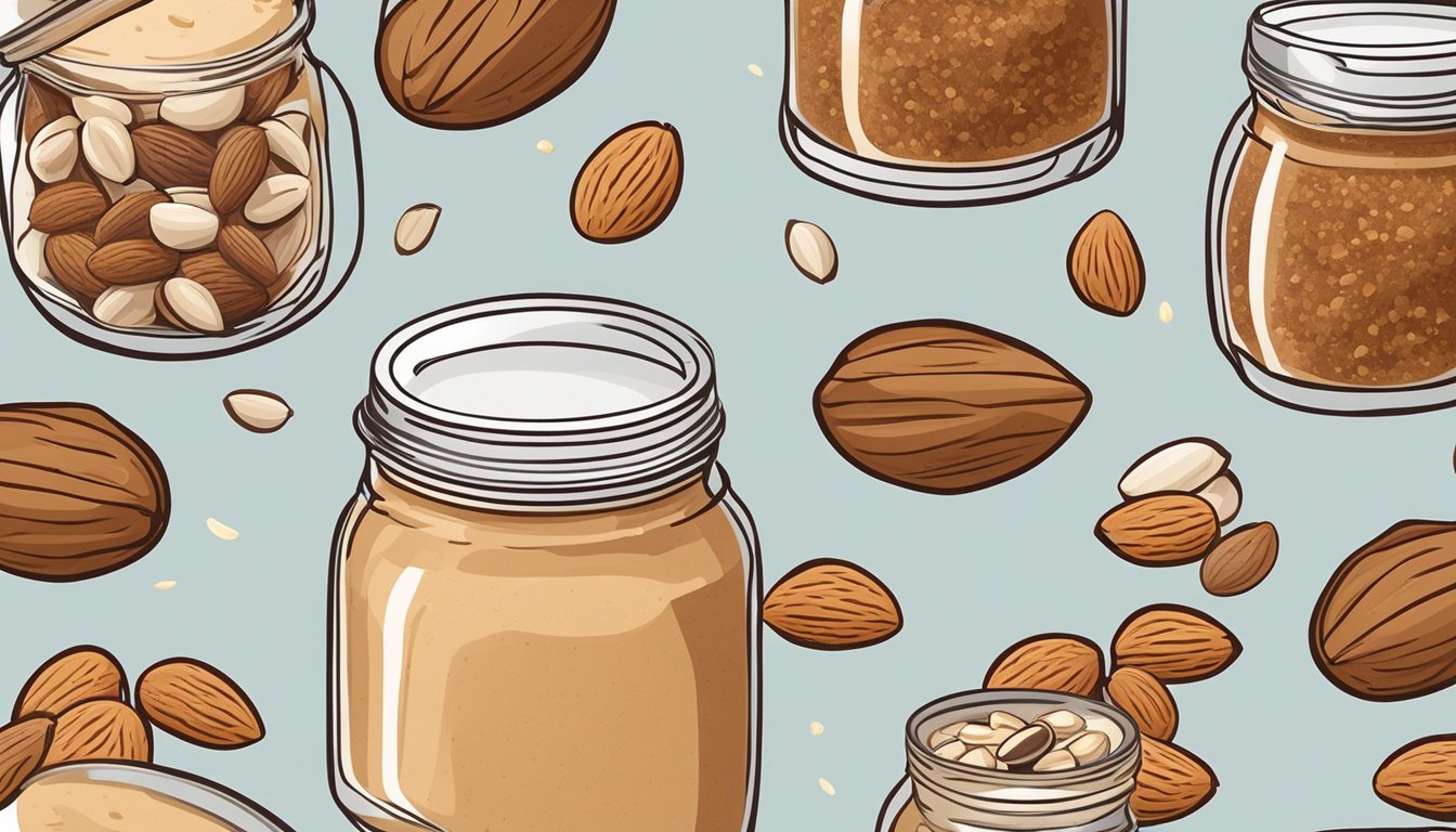 A jar of organic creamy almond butter surrounded by a variety of nuts and almonds