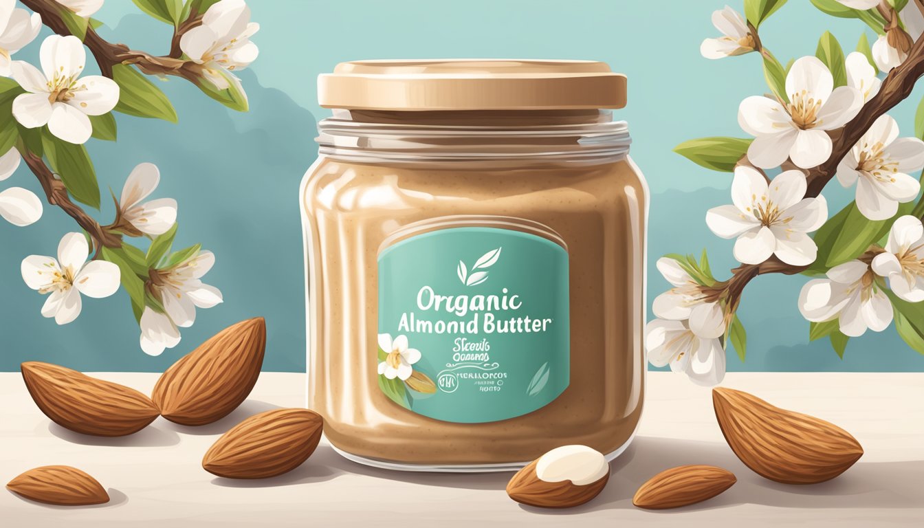 A jar of organic creamy almond butter surrounded by fresh almonds and almond blossoms