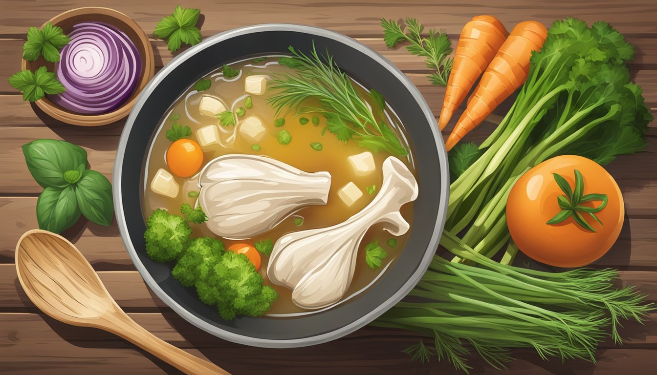 A steaming bowl of Pacific Foods organic chicken bone broth surrounded by fresh vegetables and herbs on a rustic wooden table