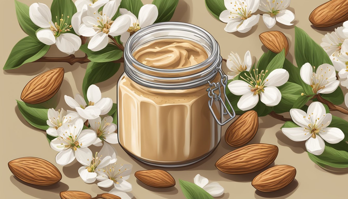 A jar of organic creamy almond butter surrounded by whole almonds and almond blossoms