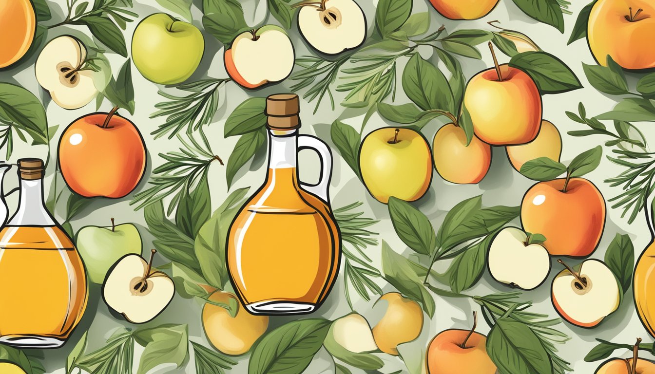 A bottle of Vermont Village organic apple cider vinegar surrounded by fresh, ripe apples and a sprig of fragrant rosemary