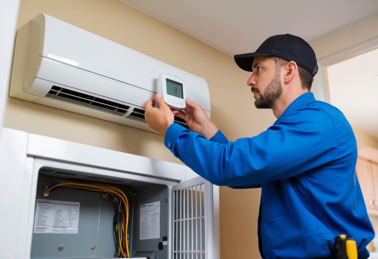 An HVAC technician carefully installs a thermostat in a central location within a home, ensuring optimal performance for the HVAC system