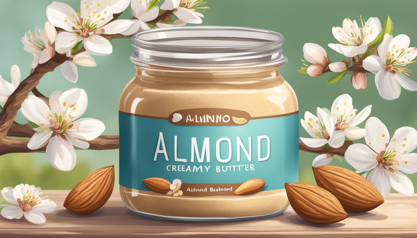 A jar of organic creamy almond butter surrounded by fresh almonds and almond blossoms