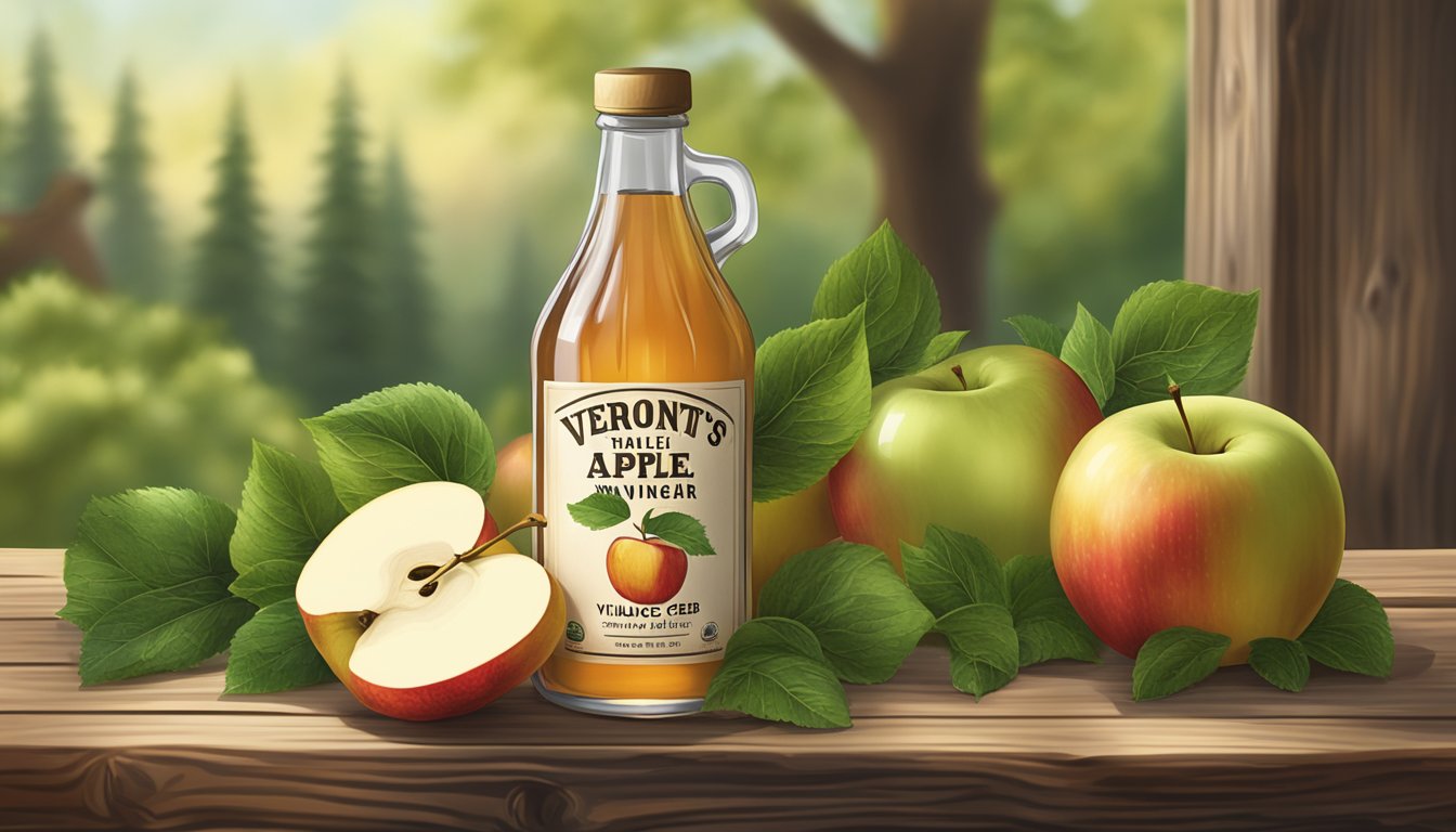 A glass bottle of Vermont Village Organic Apple Cider Vinegar sits on a rustic wooden table, surrounded by fresh apples and a sprig of greenery