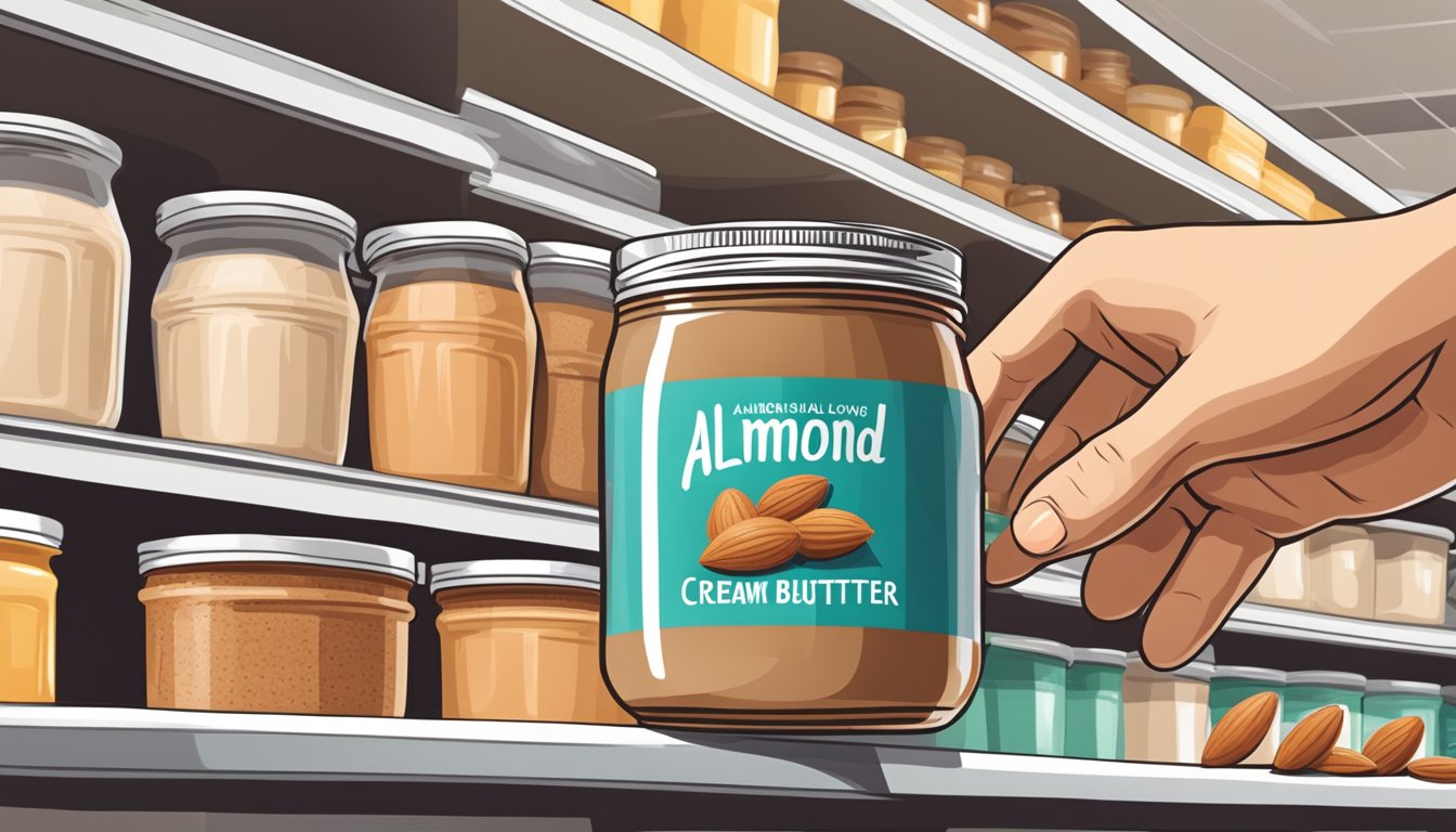 A hand reaching for a jar of organic creamy almond butter on a shelf in a grocery store