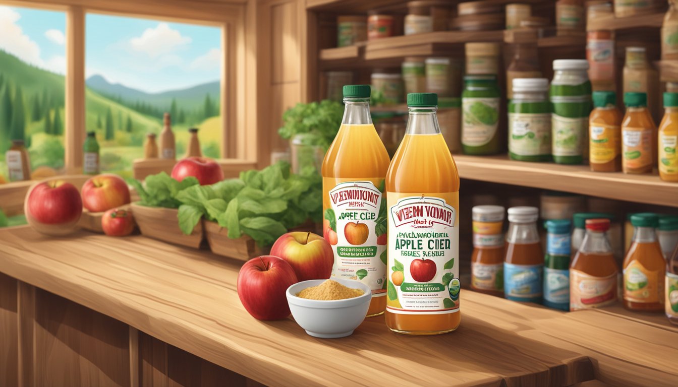 A bottle of Vermont Village organic apple cider vinegar sits on a wooden shelf in a grocery store, surrounded by other condiments and cooking ingredients