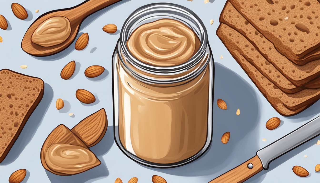 A jar of organic creamy almond butter being spread on a slice of whole grain bread